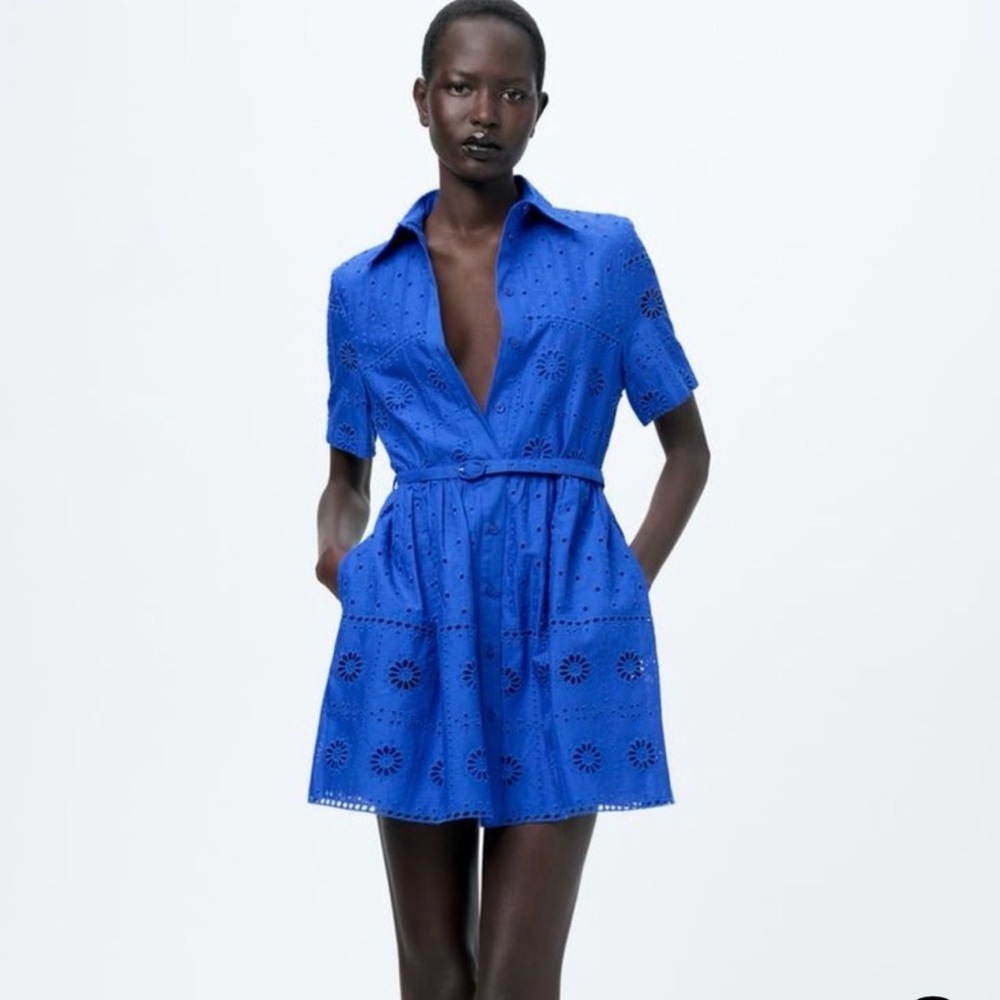 Zara Cobalt Blue Eyelet Mini Dress - Size L
